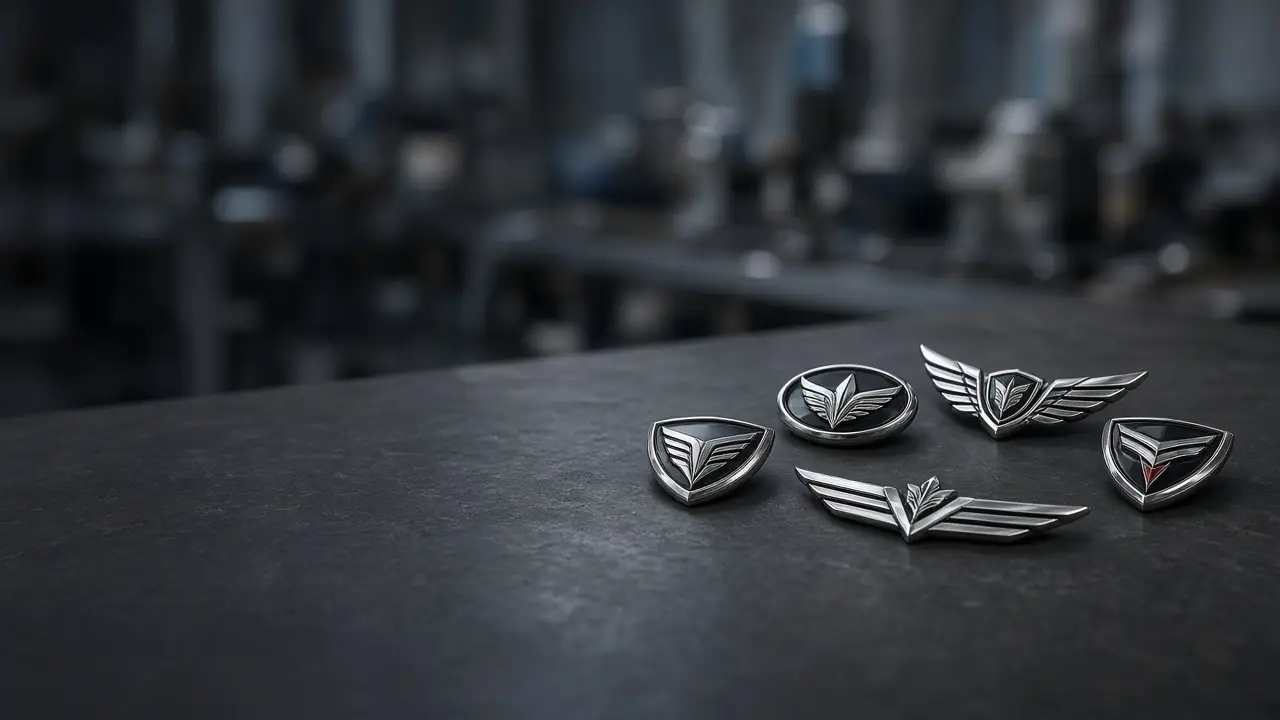 Chrome car emblems and metal badges on a factory workbench — DXNTOPS wholesale and OEM programs